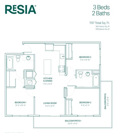 A floor plan for a Resia 3 Bedroom, 2 Bathroom apartment.